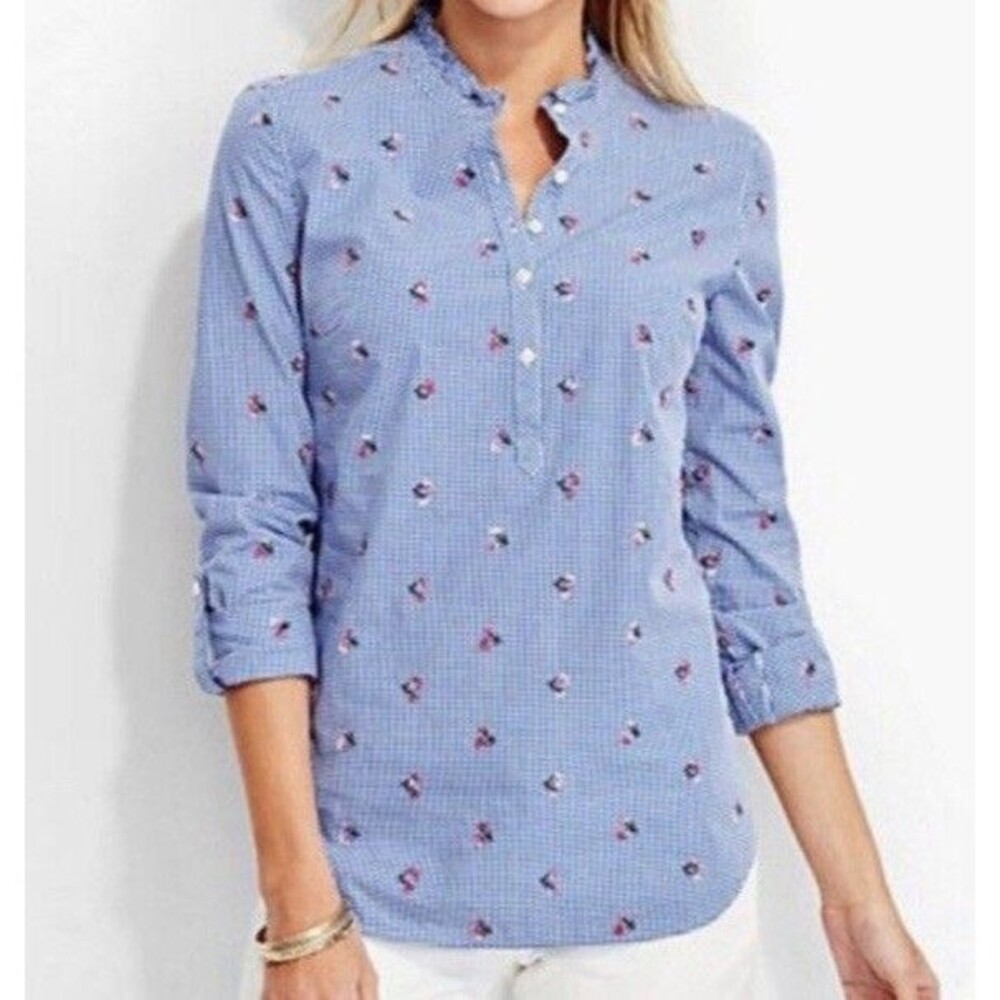 Talbots Women's Top L Blue Gingham Pop Over Roll Tab Embroidered Floral Cotton